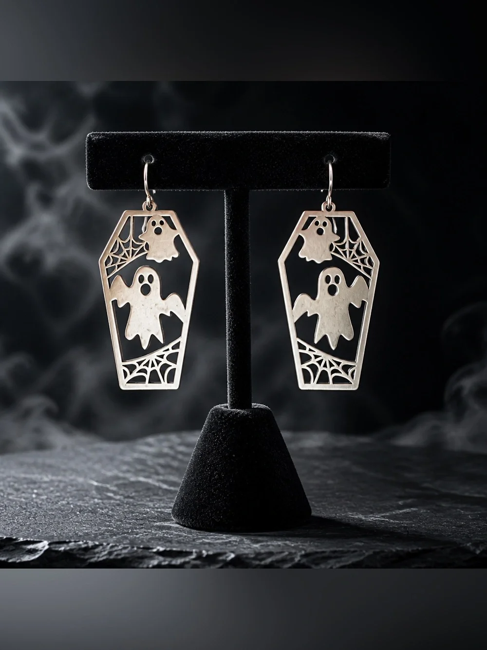 Stainless Steel Halloween Ghost Coffin Drop Earrings - Hypoallergenic Hooks